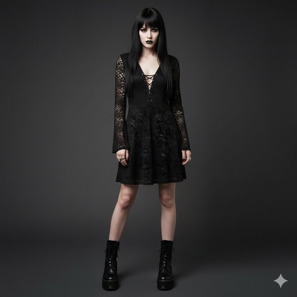 Gothic Black Lace-Up Long Sleeve Dress - Picture 1 of 4